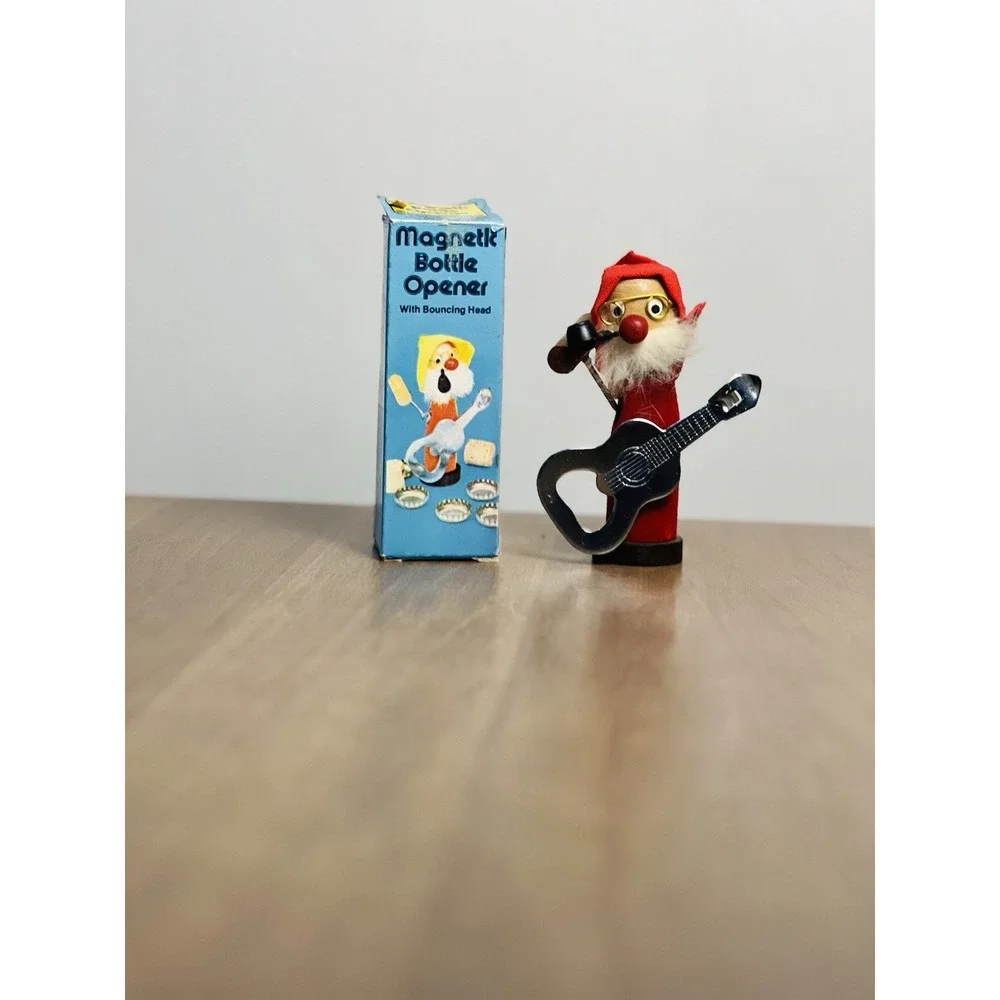 Vintage Magnetic Bottle Opener Corkscrew Playing Guitar 1960s‎ Wooden Bobblehead
